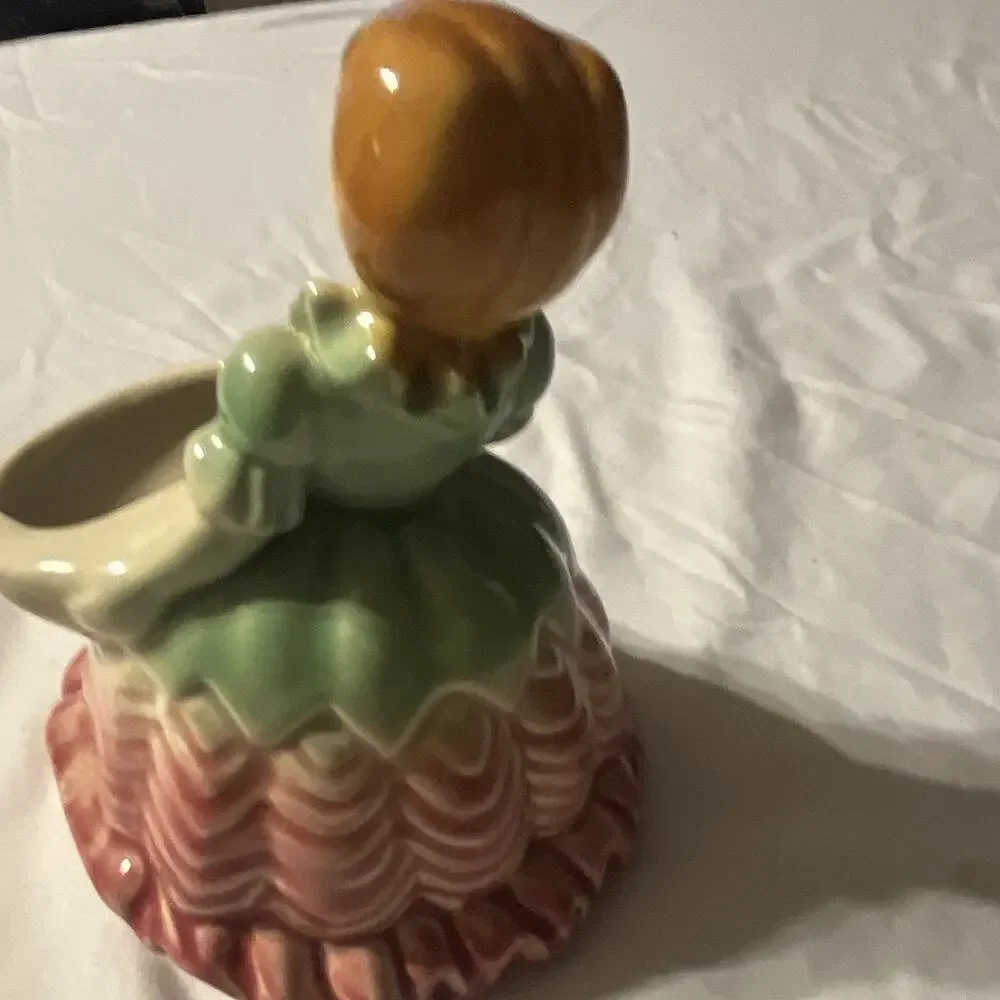 Vintage Ceramic Woman Figurine Bud Vase, Green Dress Pink Base, Small Gloss 6 in